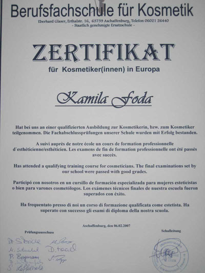 Zertifikat Europakosmetikerin